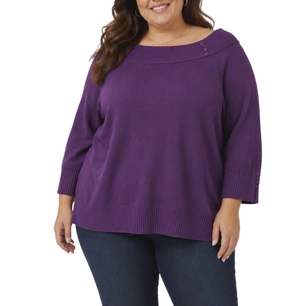 RQT Purple Sweater Foldover Neckline Button Cuffs On 3/4 Length Sleeves Size 2X
